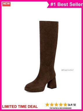 Knee High Boots Square Toe Faux Suede Block Heel Platform Zip
